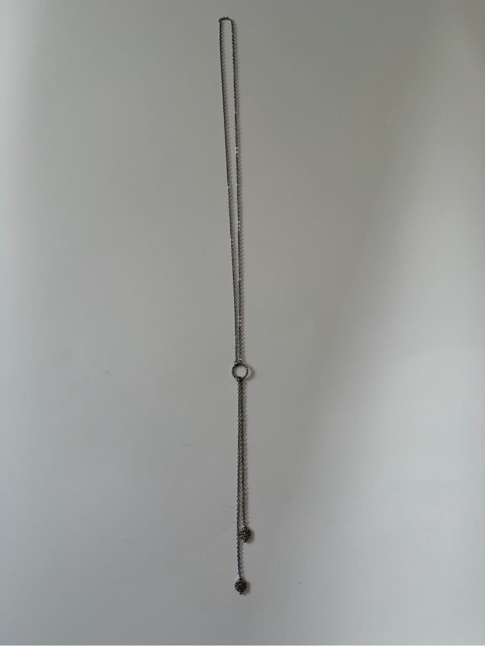 Silver Tone Long Lariat Y Necklace Textured Circle Dangles